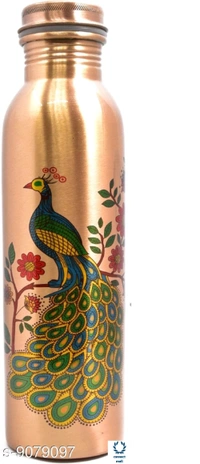 Indipot 100% Pure Copper Bottle With Peacock Print ForAyurvedic Health Benefits - Copper Water Bottle